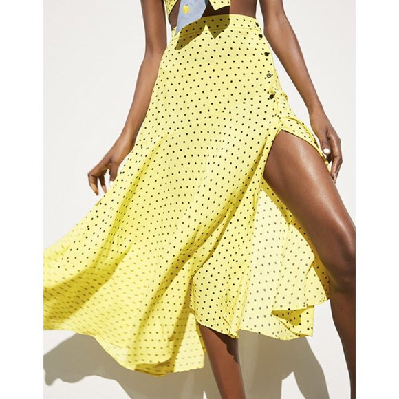 Zara Dresses & Skirts - Zara yellow black polka dot lightweight asymmetrical slit flowy midi skirt